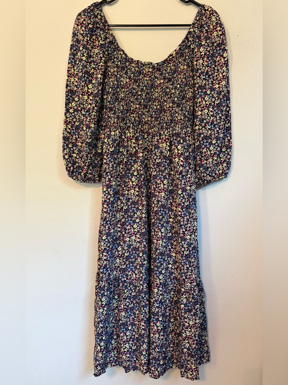 GAP Navy Floral Smocked Midi Dress with Puff Sleeves Cottagecore EUC Size S - Picture 3 of 14